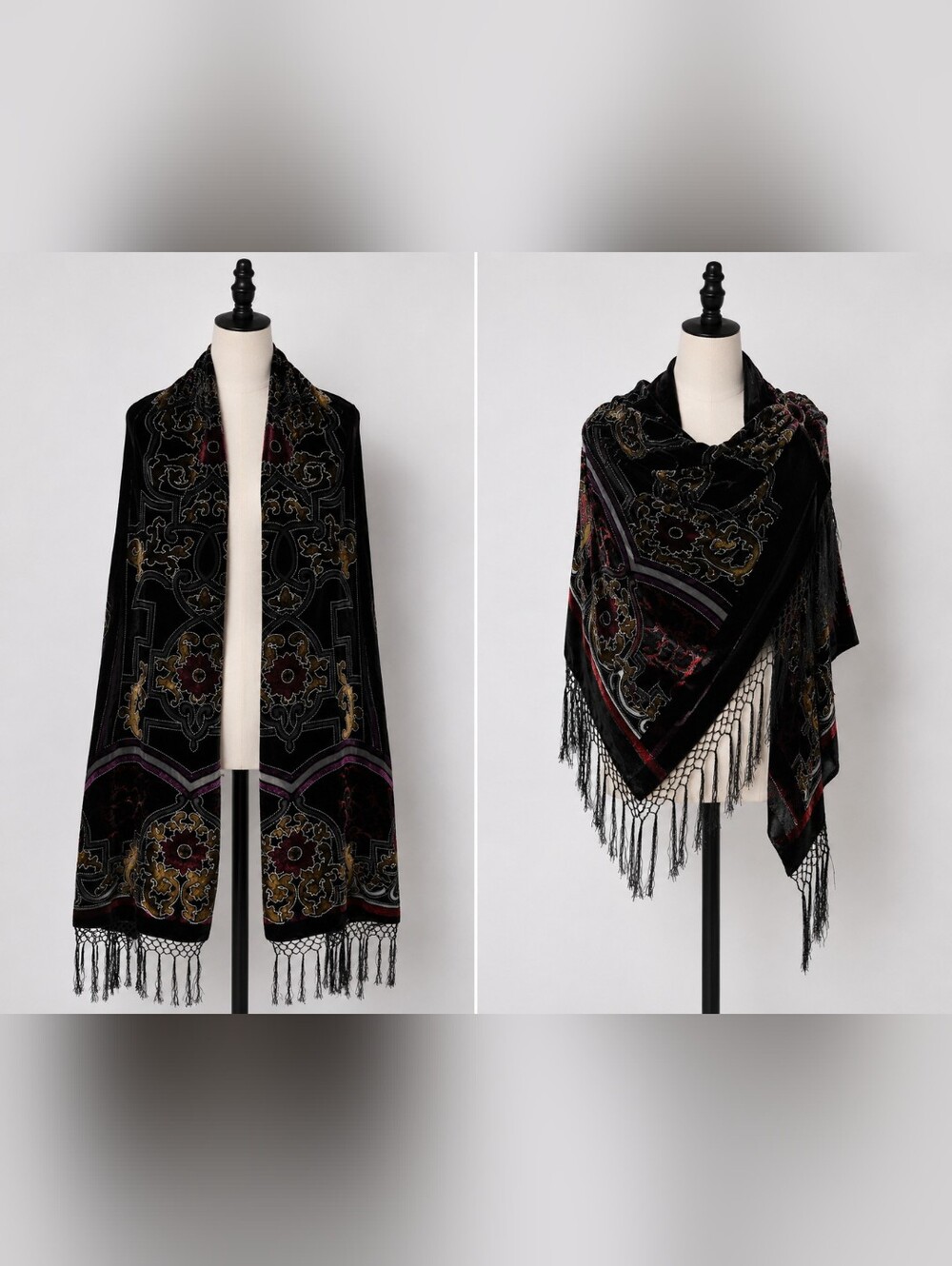 Vintage Silk Velvet Burnout Fringe Scarf Shawl Wrap